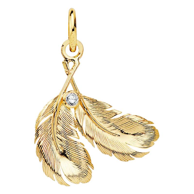 750/1000 Yellow Gold & White Stone Two Striped Feathers Women's Pendant - Emanessence