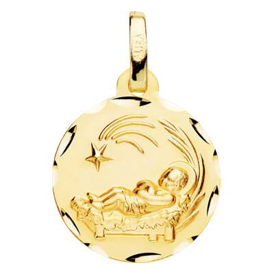 375/1000 Yellow Gold Faceted Child Jesus Medal, 14 mm Diameter - Vandona