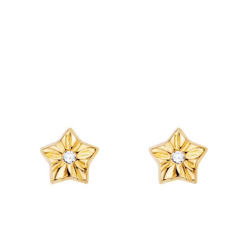 750/1000 Yellow Gold & White Cubic Zirconia Textured Star Stud Earrings - Emanessence