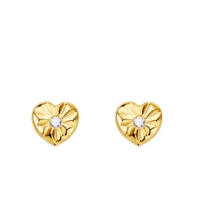 750/1000 Yellow Gold & White Cubic Zirconia Textured Heart Stud Earrings - Emanessence