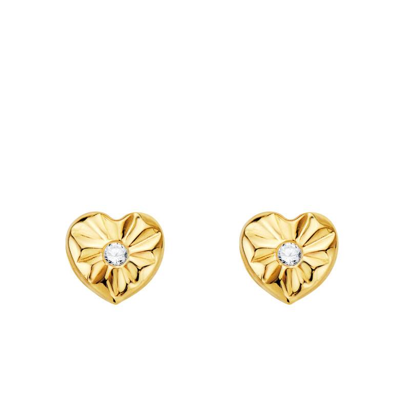 750/1000 Yellow Gold & White Cubic Zirconia Textured Heart Stud Earrings - Emanessence