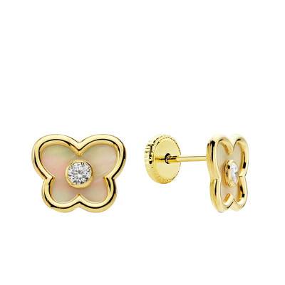 Boucles d'oreilles Papillons en Or Jaune 750, Nacres & Pierres Blanches - Bambins