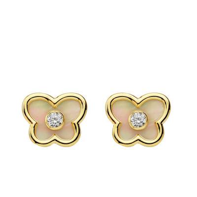 Boucles d'oreilles Papillons en Or Jaune 750, Nacres & Pierres Blanches - Bambins