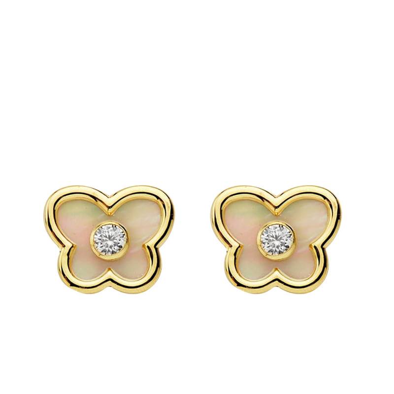 750 Yellow Gold & White Stone Mother-of-Pearl Butterfly Stud Earrings - Bambins