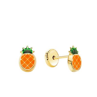 Boucles d'oreilles Ananas Emaillées en Or Jaune 750 - Bambins