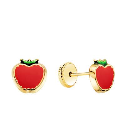 Boucles d'oreilles Pommes Rouges Emaillées en Or Jaune 750 - Bambins