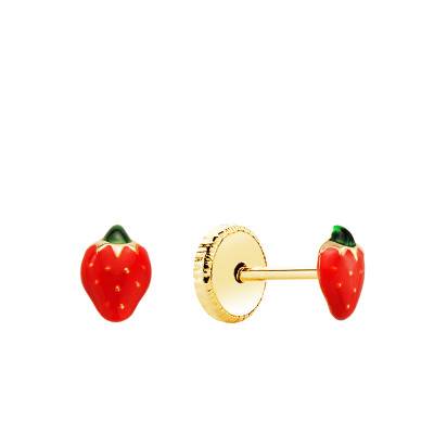 Boucles d'oreilles Mini Fraises Emaillées en Or Jaune 750 - Bambins