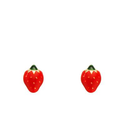 Boucles d'oreilles Mini Fraises Emaillées en Or Jaune 750 - Bambins