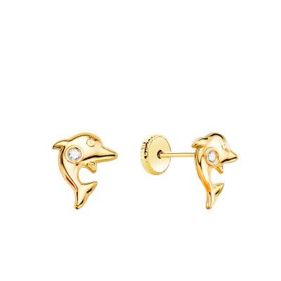 750/1000 Yellow Gold & White Zirconia Dolphin Stud Earrings - Bambins