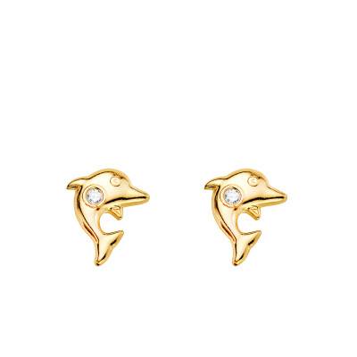 750/1000 Yellow Gold & White Zirconia Dolphin Stud Earrings - Bambins