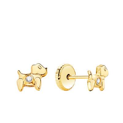 750/1000 Yellow Gold & White Zirconia Dog Stud Earrings - Bambins