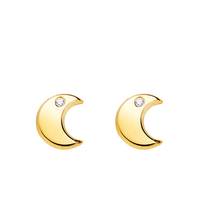 750 Yellow Gold & White Cubic Zirconia Moon Stud Earrings - Bambins
