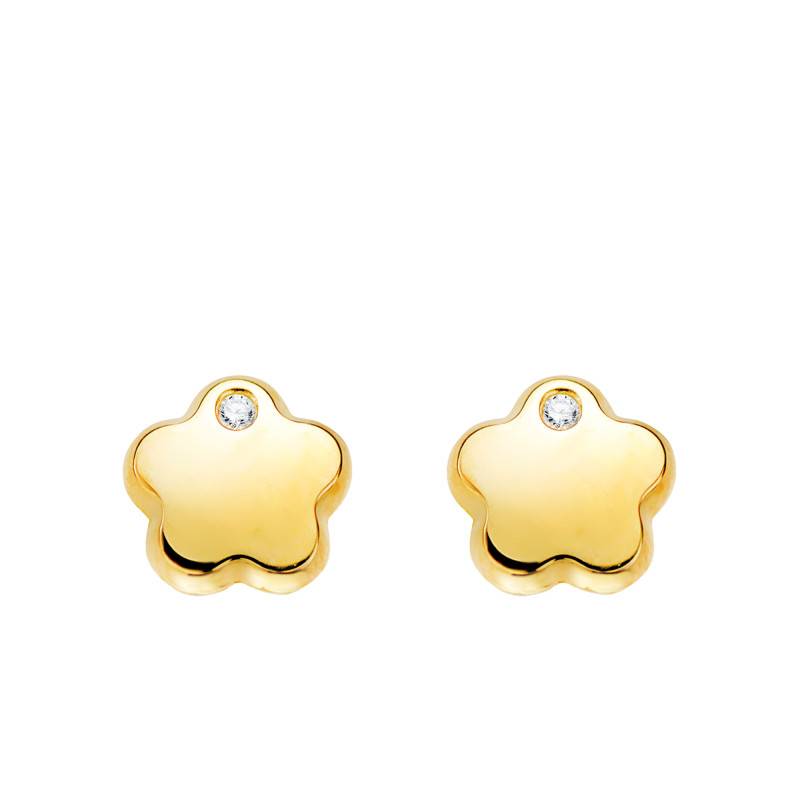 750/1000 Yellow Gold & White Cubic Zirconia Flower Stud Earrings - Bambins