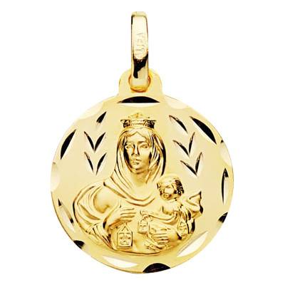 375/1000 Yellow Gold Scapular Medal Virgin of Mount Carmel & Sacred Heart of Jesus, 16 mm Diameter - Vandona