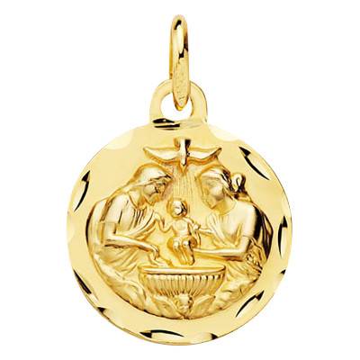 750/1000 Yellow Gold Round Faceted Baptism Medal, 14 mm Diameter - Vandona