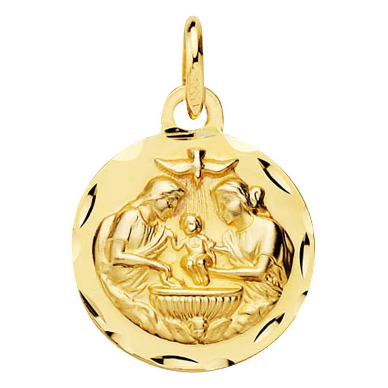 750/1000 Yellow Gold Round Faceted Baptism Medal, 14 mm Diameter - Vandona