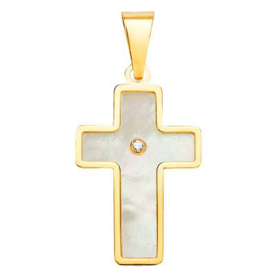 Pendentif Croix en Or Jaune 750, Nacre & Pierre Blanche - Vandona