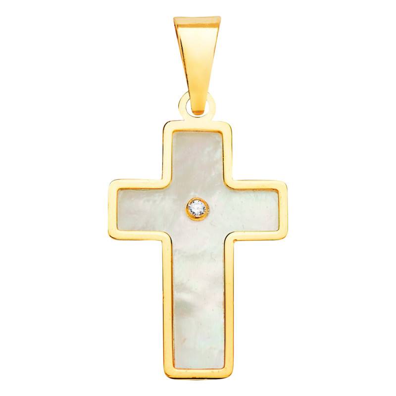 750/1000 Yellow Gold, Mother-of-Pearl & White Stone Cross Pendant - Vandona