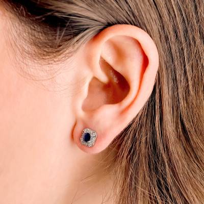 Boucles d'oreilles en Or Blanc 375, Saphirs & Diamants 0,08 ct - Aurora