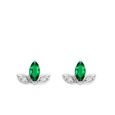 375 White Gold Flower Stud Earrings & 0,01 ct Diamonds and Emeralds - Aurora