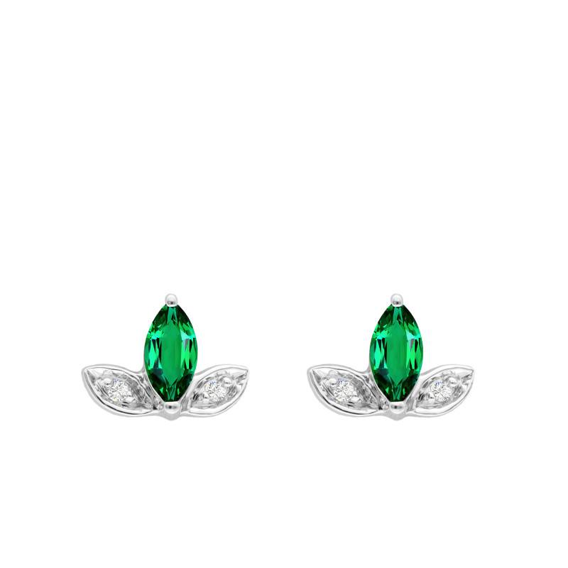 375 White Gold Flower Stud Earrings & 0,01 ct Diamonds and Emeralds - Aurora
