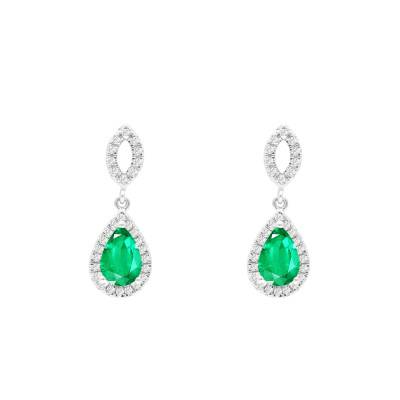 Boucles d'oreilles Gouttes en Or Blanc 375, Émeraudes & Diamants 0,16 ct - Aurora