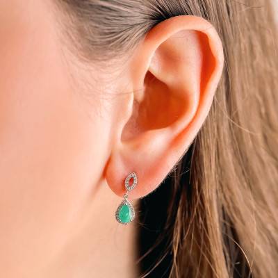 Boucles d'Oreilles Gouttes en Or Blanc 375 & Diamants 0,16 ct et Émeraudes - Aurora