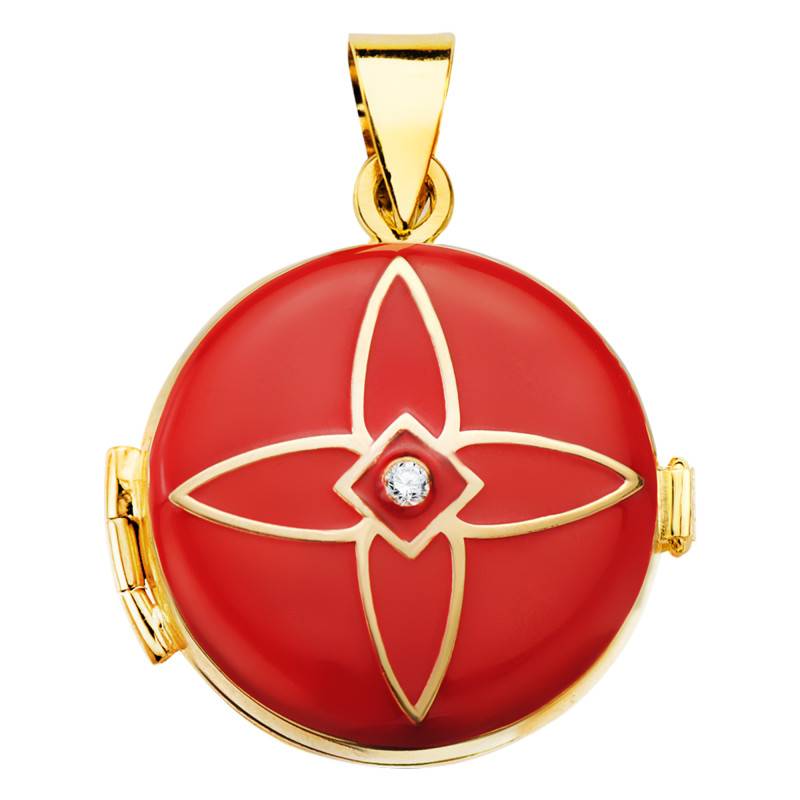 750 Yellow Gold & Red Enamel Photo Pendant with 0.035 ct Diamond, 21 mm Diameter - Lumiosa