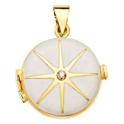 750 Yellow Gold & White Enamel Photo Pendant with 0.035 ct Diamond, 21 mm Diameter - Lumiosa