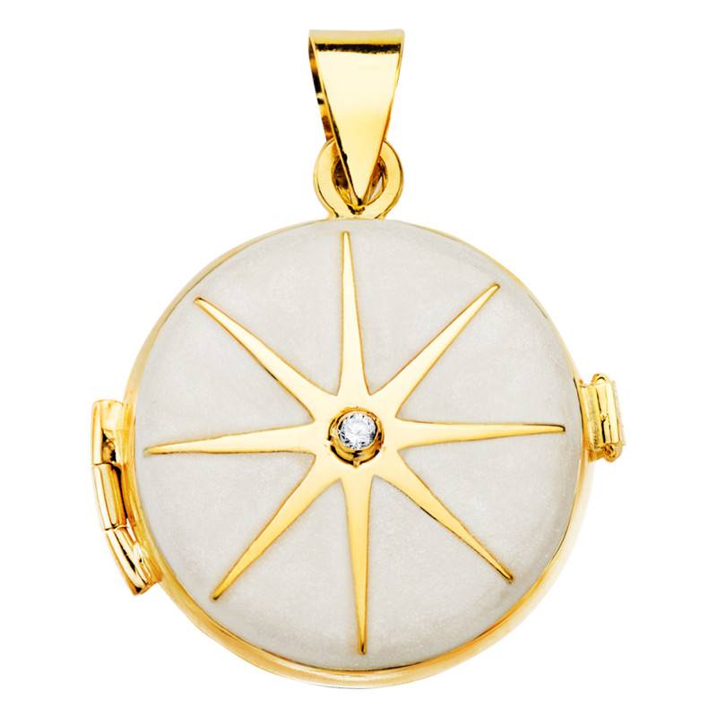 750 Yellow Gold & White Enamel Photo Pendant with 0.035 ct Diamond, 21 mm Diameter - Lumiosa