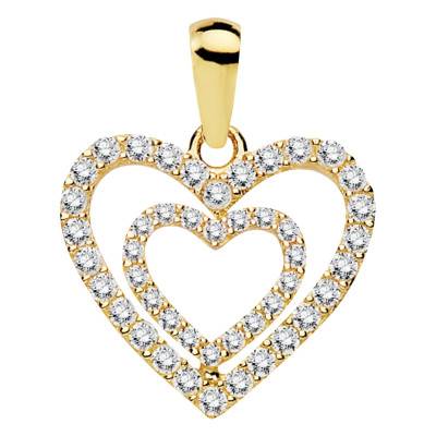 750/1000 Yellow Gold & White Zirconia Double Heart Pendant - Emanessence
