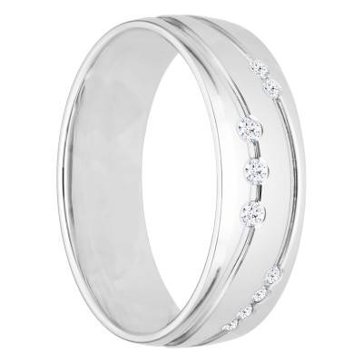 Alliance Demi-Bombée Confort Rainurée en Or Blanc 750 & Diamants 0,105 ct, Largeur 5 mm - Amore