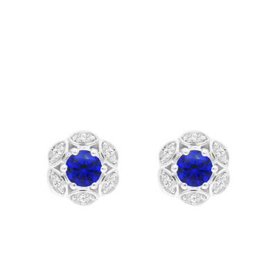 Boucles d'oreilles Florales en Or Blanc 375 ou 750, Saphirs & Diamants 0,07 ct - Aurora