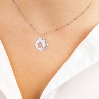 Médaille Ange en Prière & Etoiles ajourés, Argent 925, Diamètre 16 mm - Emanessence