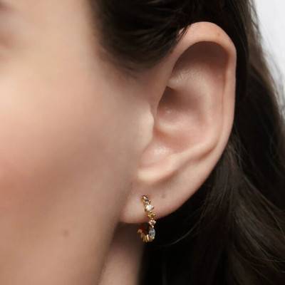 Créoles Lotus en Argent Doré, Zircones Multicolores & Labradorite, Diamètre 10 mm - AR01-C77-U - Pdpaola