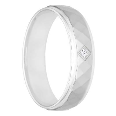 Alliance Demi-Bombée Confort Facettée en Or Blanc 375 & Diamant 0,015 ct, Largeur 5 mm - Amore