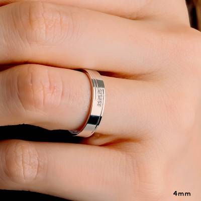 Alliance Ruban Confort Triple Demi-Rainure en Or Blanc 375 & Diamants 0,03 ct, Largeur 4 mm ou 5 mm - Amore