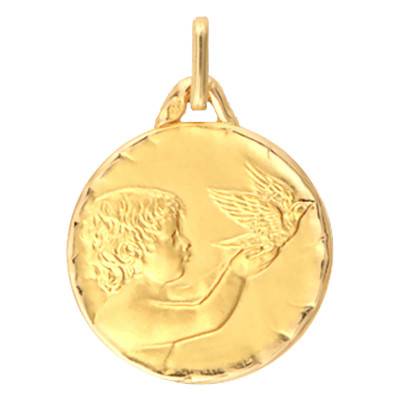 750/1000 Yellow Gold Faceted Edge Angel with Dove Medal, 16 mm Diameter - Lucas Lucor
