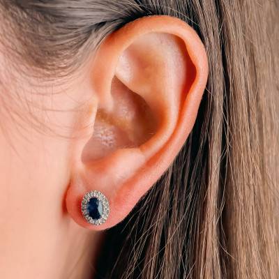 Boucles d'oreilles Ovales, Or Blanc 375 ou 750, Saphirs & Diamants 0,18 ct - Aurora