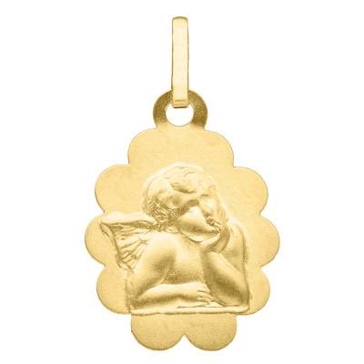 375/1000 Yellow Gold Oval Floral-Edge Angel Raphaël Medal, 16 x 12 mm - Emanessence