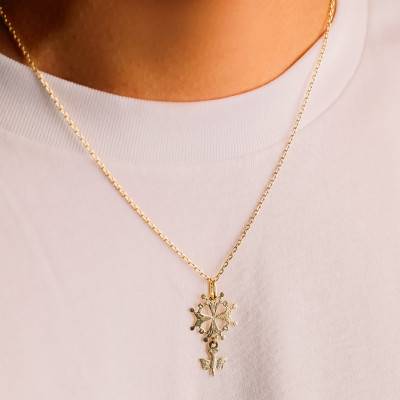 750/1000 Yellow Gold Textured Huguenot Cross Pendant 17 x 28 mm - Vandona