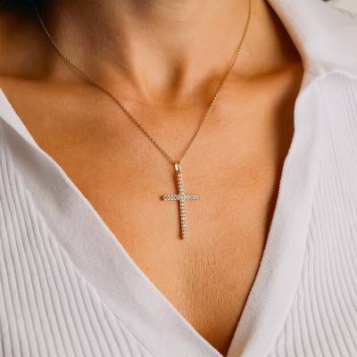750 Yellow Gold & White Cubic Zirconia Cross Pendant - Vandona