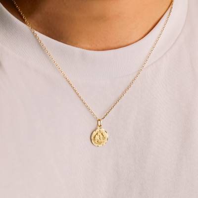 750/1000 Yellow Gold Round Faceted Baptism Medal, 14 mm Diameter - Vandona