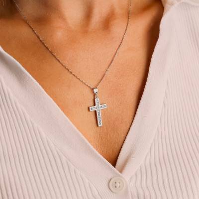 375/1000 White Gold & White Cubic Zirconia Cross Pendant - Vandona
