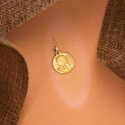 Médaille Ange en Prière en Or Jaune 375 ou 750, Diamètre 16 mm - Lumiosa