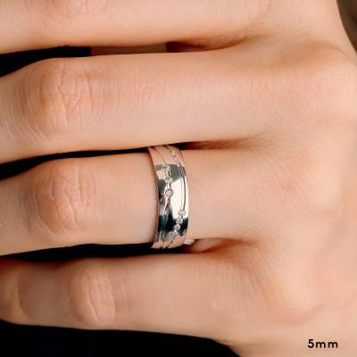 Alliance Demi-Bombée Confort Rainurée en Or Blanc 750 & Diamants 0,105 ct, Largeur 5 mm - Amore
