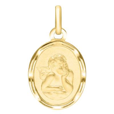 375/1000 Yellow Gold Oval Faceted Angel Raphaël Medal, 17 x 13 mm - Emanessence