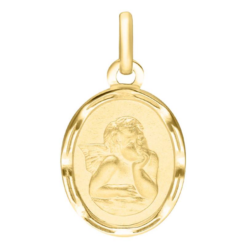 375/1000 Yellow Gold Oval Faceted Angel Raphaël Medal, 17 x 13 mm - Emanessence