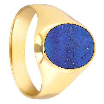 750/1000 Yellow Gold & Lapis Lazuli Oval Signet Ring, 11 x 14 mm - Emanessence