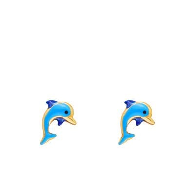 Boucles d'oreilles Dauphin en Or Jaune 375 & Laquage Bleu - Emanessence